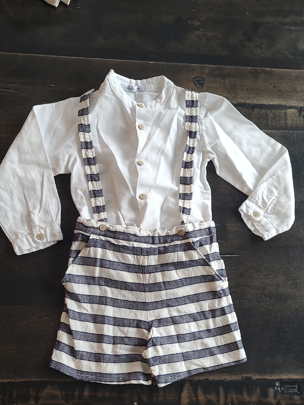 Size 4 Boys Babidu Striped Suspender Shorts with White Shirt, 100% Cotton